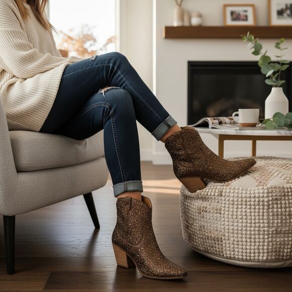 Betsey Johnson Western Boots Diva Womens 8 Shiny Brown Rhinestones Pointed Toe - Picture 1 of 13